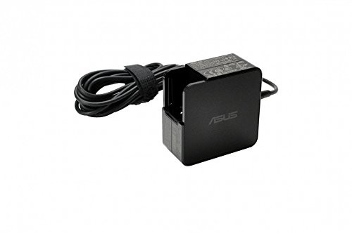 Black ASUS 45W power adapter with a compact design, featuring a textured surface, a detachable power cord, and the ASUS logo prominently displayed on one side.