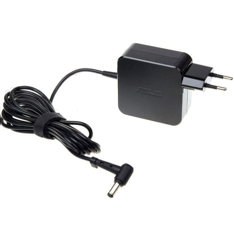 Black ASUS 45W power adapter with a compact design, featuring a two-prong plug and a coiled cable, ending in a cylindrical connector for device charging.
