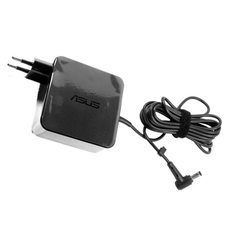Black ASUS 0A001-00238700 power adapter with a compact design, featuring a two-prong plug and a coiled cable ending in a barrel connector.