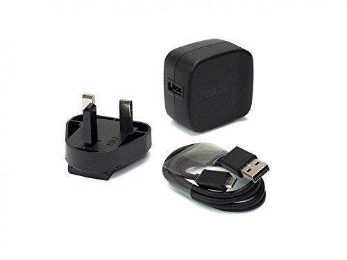Black ASUS power adapter with a compact square design, featuring a removable UK plug and a USB cable for charging devices.
