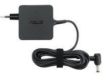 Black ASUS power adapter with a compact square design, featuring a rounded plug and a coiled cable secured with a Velcro strap, rated at 33 W.