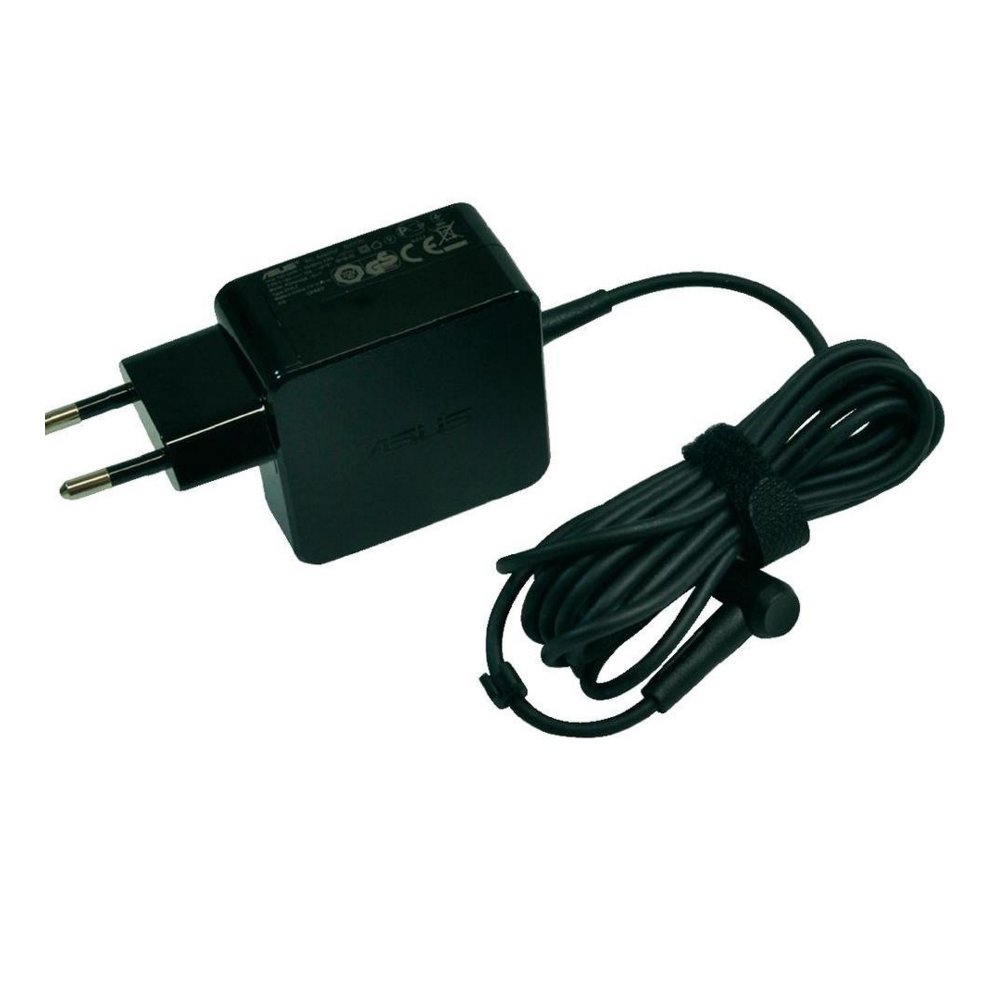 Black ASUS power adapter with a compact design, featuring a two-prong plug, a long black cable, and a cylindrical connector for devices, labeled with safety certifications.