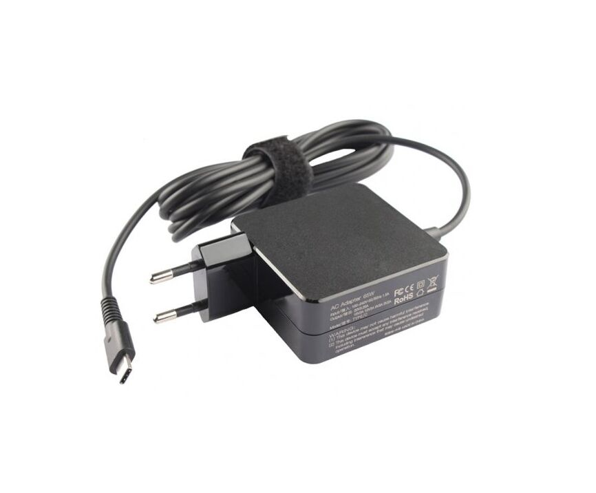 Black ASUS 65W power adapter with a compact design, featuring a two-prong plug and a USB-C output cable, designed for indoor use.