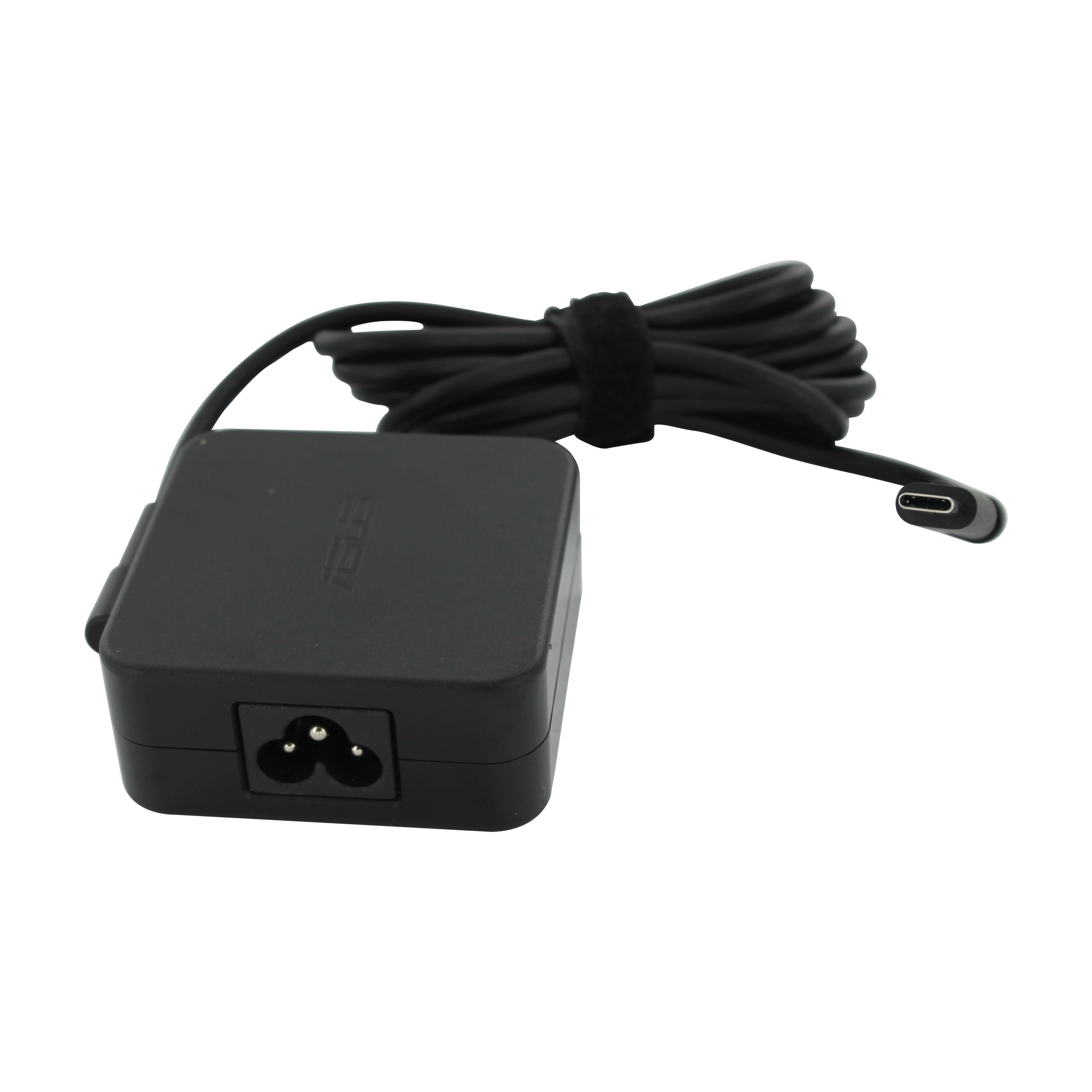 Black ASUS 65W power adapter with a compact design, featuring a two-prong plug and a USB-C output cable, ideal for indoor use.