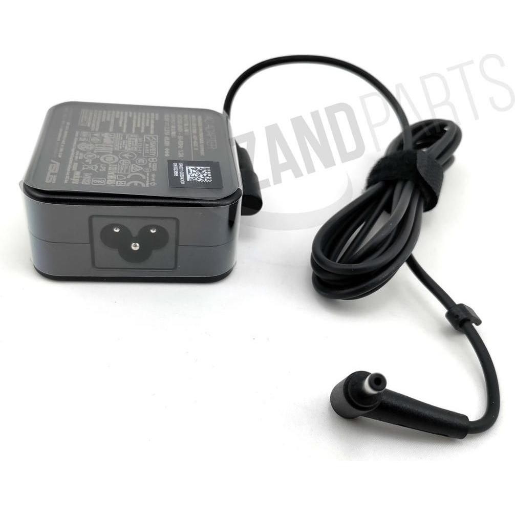 Black ASUS 45W power adapter with a rectangular design, featuring a two-prong input, a long cable, and a cylindrical output connector for device charging.