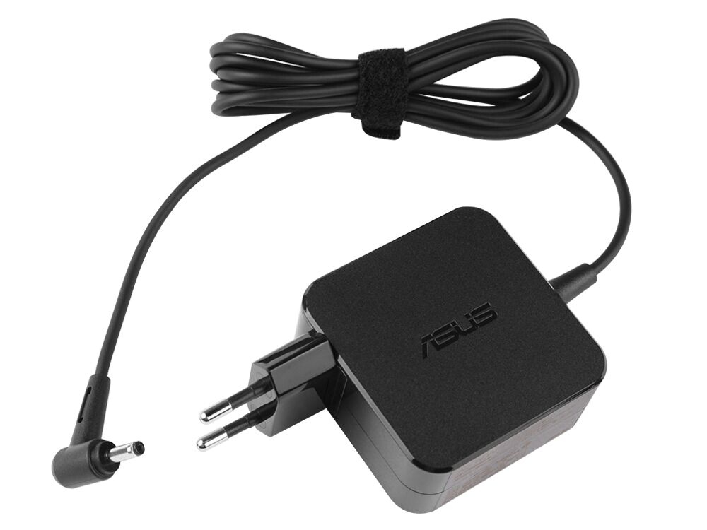 Black ASUS power adapter with a compact design, featuring a two-prong plug, a coiled cable, and a cylindrical connector for devices, labeled with the ASUS logo.