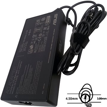 Black ASUS 120W power adapter with a rectangular design, featuring a textured surface, labeled specifications, and a long power cord with a connector.
