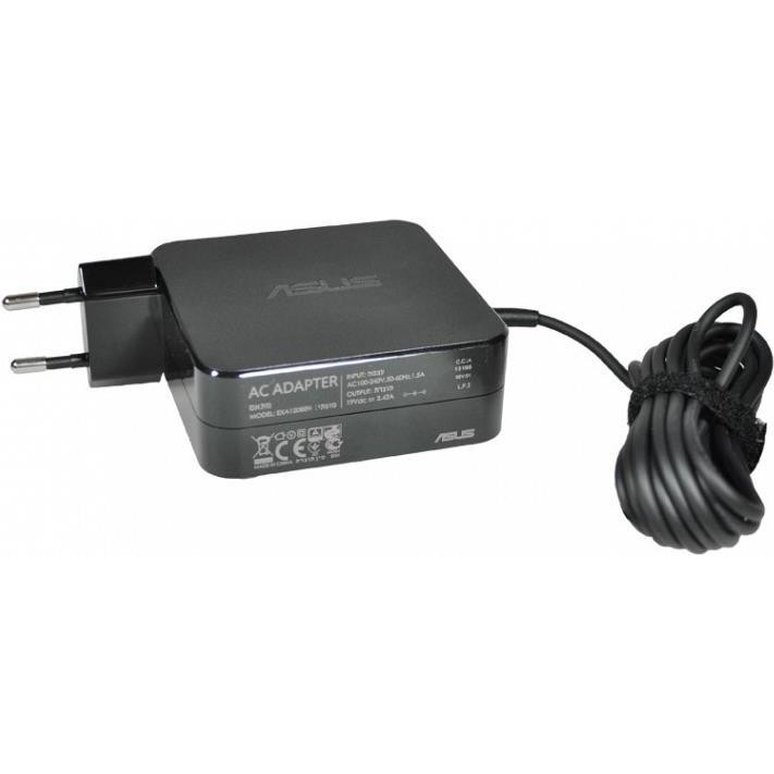 Black ASUS 65W power adapter with a compact design, featuring a two-prong plug, a coiled black cable, and printed specifications on the side.
