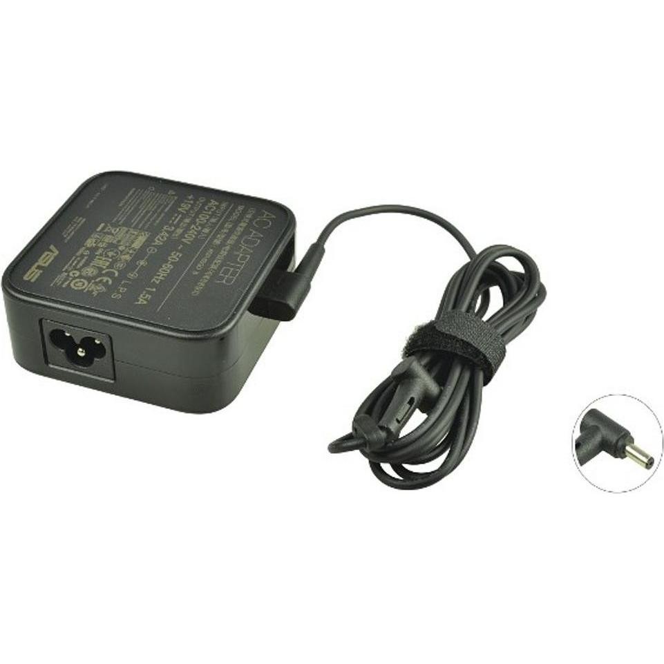 Black ASUS 45W power adapter with a compact square design, featuring a power input port and a coiled cable secured with a strap.