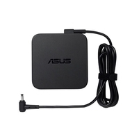 Black ASUS power adapter with a sleek square design, featuring a 65W output and a coiled cable with a right-angle connector.