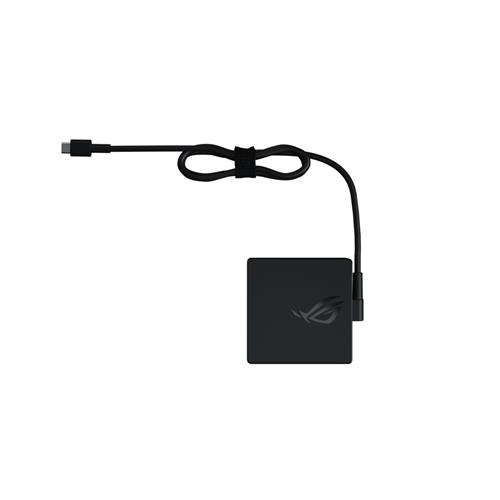 Black ASUS AC100-00 power adapter with a compact square design, featuring a USB-C connector and a sleek, matte finish.