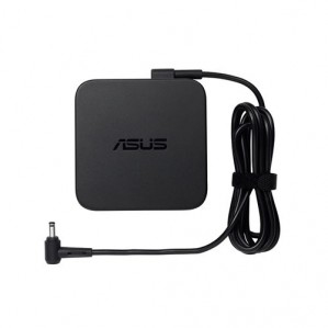 Black ASUS 65W power adapter with a compact square design, featuring a coiled black cable and a right-angle connector, ideal for indoor use.
