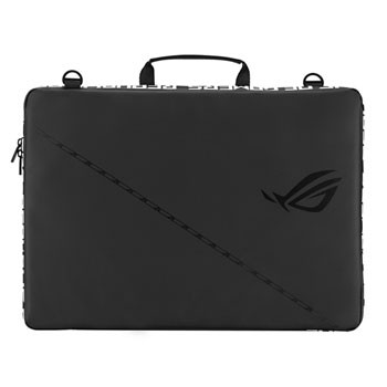 Black ASUS Ranger Carry Sleeve for 16-inch laptops, featuring a sleek design, a textured surface, and a prominent ASUS ROG logo on the front.