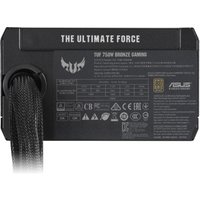 Black ASUS TUF-GAMING-750B power supply unit with braided cables and detailed specifications on the side panel.
