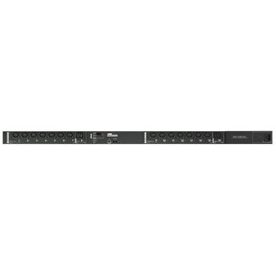 Black metal 16A 16 outlet switched bank metered PDU with a sleek design, featuring multiple power outlets and a digital display for monitoring, plus a free Eco PDU Manager software.