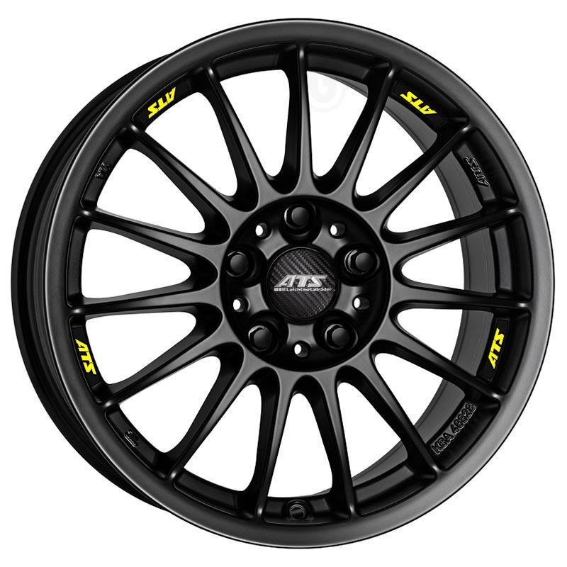 ATS StreetRallye alloy wheel in racing black, featuring a 17x7 inch size, ET25 offset, 4x108 PCD, and a 110mm centre bore, with a sleek multi-spoke design and yellow accents.
