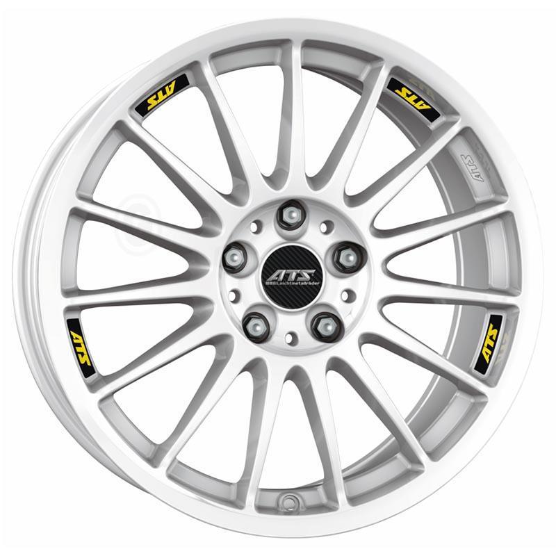 ATS StreetRallye alloy wheel in Rally White, 18x7.5 inches, features a sleek design with 10 spokes, black center cap, and yellow ATS logo accents, suitable for 5x100 PCD vehicles.