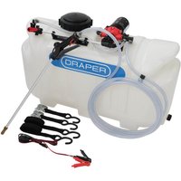 White Draper ATV sprayer with 98L tank, black lid, red pump, clear hoses, and adjustable spray wand.
