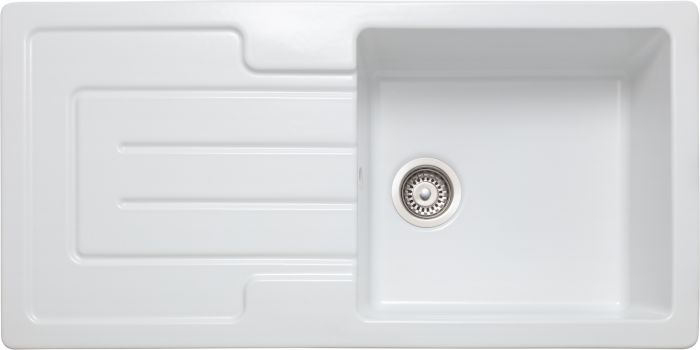 White fire clay ceramic inset sink with a single bowl, featuring a smooth surface and a stainless steel drain, complemented by a sleek, modern design.