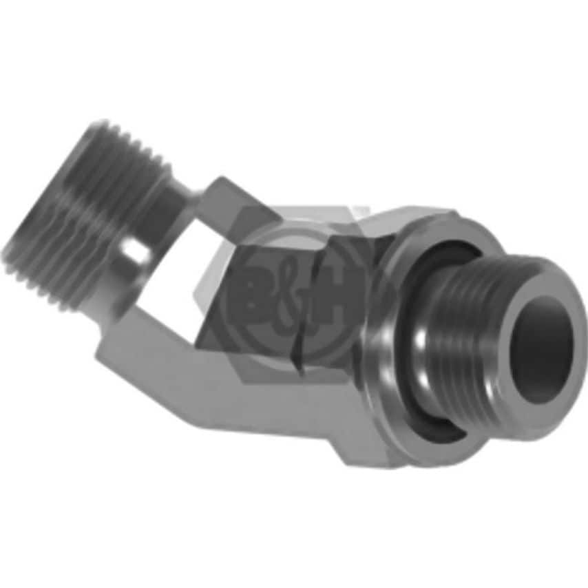 Silver metal fitting with a male thread on one end and a female thread on the other, featuring a hexagonal shape and angled design for automotive plumbing applications.