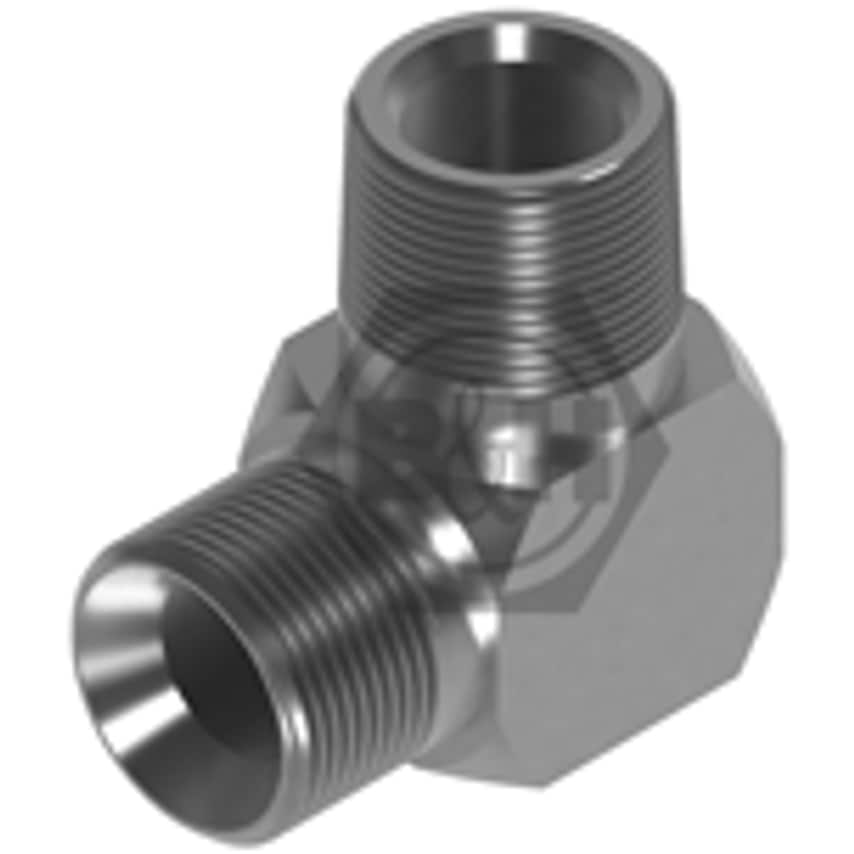 Metal plumbing fitting with a hexagonal body, featuring a 1/4 NPT male thread and a 1/8 B male thread, showcasing a polished silver finish.