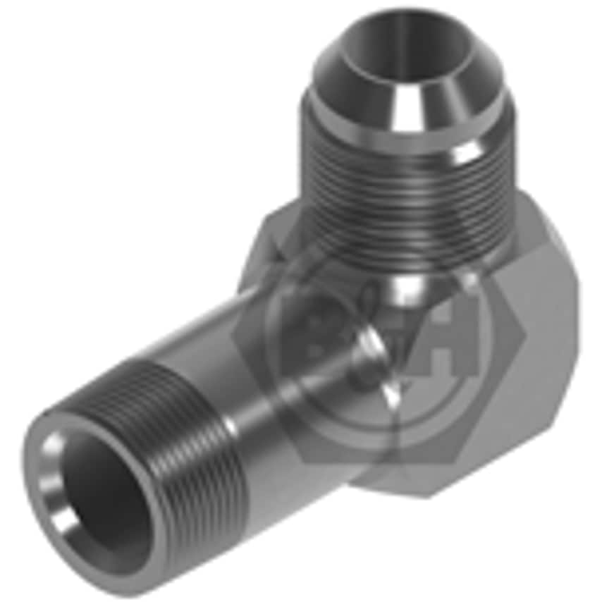Metal 90-degree elbow fitting with a hexagonal base, featuring a 3/8 NPT male end and a 1/8 BSP male end, finished in a shiny silver color.