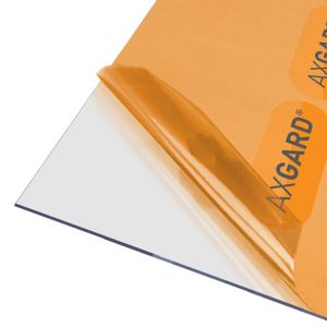 Clear 2mm polycarbonate roofing sheet with UV protection, measuring 620 x 1020mm, featuring a transparent surface and a protective film on one side.