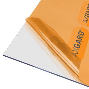 Clear 4mm polycarbonate roofing sheet with a glossy finish, measuring 1000 x 2000mm, featuring UV protection and a protective film on one side.