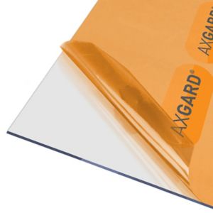 Clear 4mm polycarbonate roofing sheet with UV protection, measuring 620 x 1240mm, featuring a transparent surface and a protective film on one side.