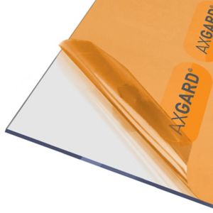 Clear 4mm polycarbonate roofing sheet with a protective UV layer, measuring 1000 x 3050mm, featuring a transparent finish and an orange protective film on one side.