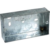 Metallic rectangular double socket back box with knockouts and screw holes for electrical installation.