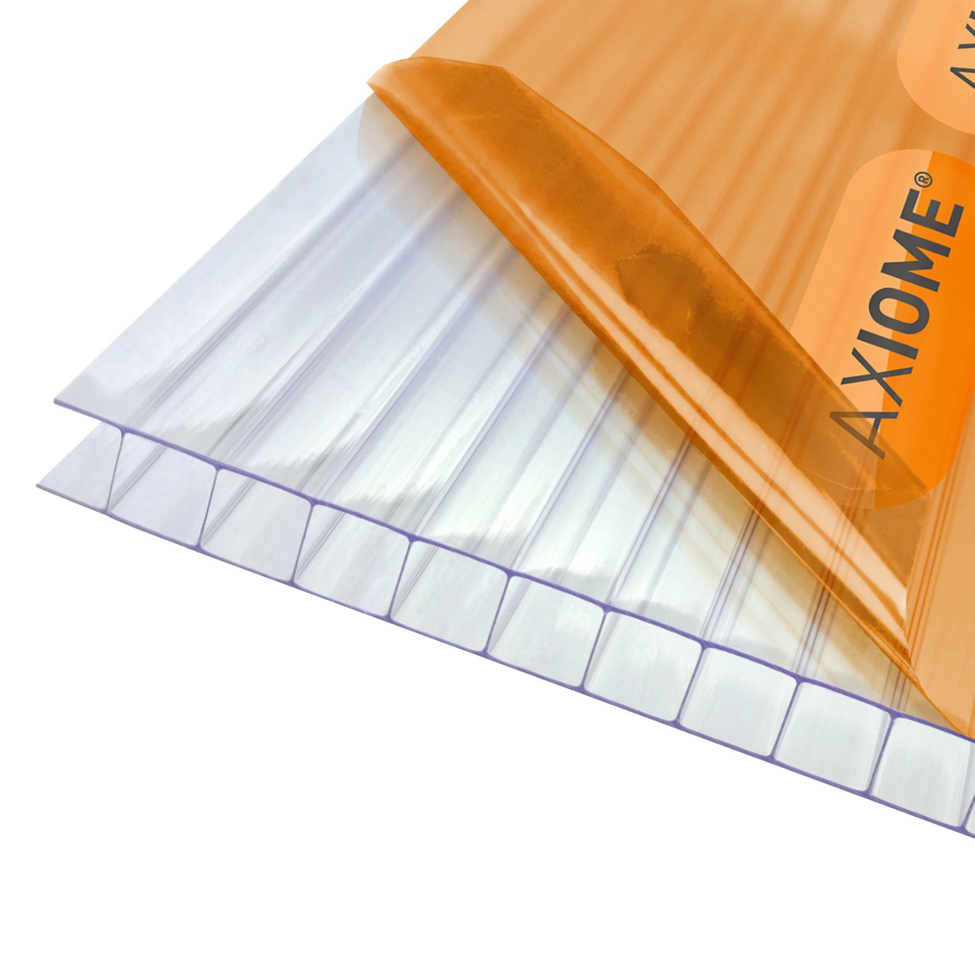Clear 10mm twinwall polycarbonate sheet with a transparent finish, measuring 1000mm by 690mm, featuring a distinctive orange branding label.