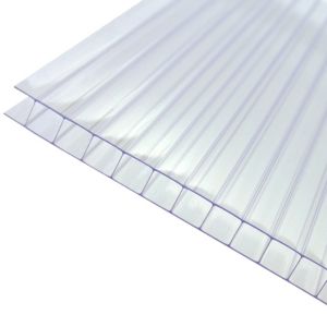 Clear 10mm twinwall polycarbonate roofing sheet with a size of 690 x 2500mm, featuring a transparent finish and ribbed design for enhanced durability and light transmission.