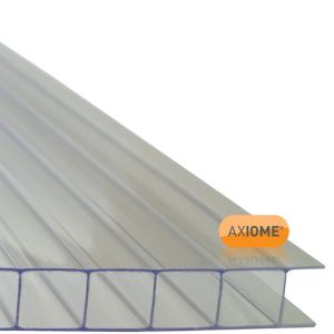 Clear 10mm twinwall polycarbonate roofing sheet with a smooth surface, featuring a transparent design and dimensions of 690 x 4000mm, branded with the Axiome logo.