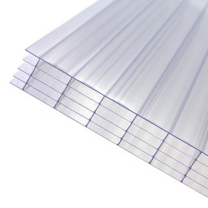 Clear 25mm multiwall polycarbonate roofing sheets stacked, measuring 1000 x 2500mm, showcasing a transparent finish and ribbed design for durability and light transmission.
