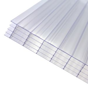 Clear 25mm multiwall polycarbonate roofing sheets stacked, featuring a transparent design with ribbed texture, measuring 690 x 2500mm.