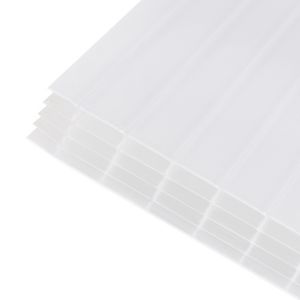 Translucent, clear polycarbonate roofing sheet with a 25mm thickness, featuring a multiwall design, measuring 690 x 3000mm, stacked in a neat arrangement.