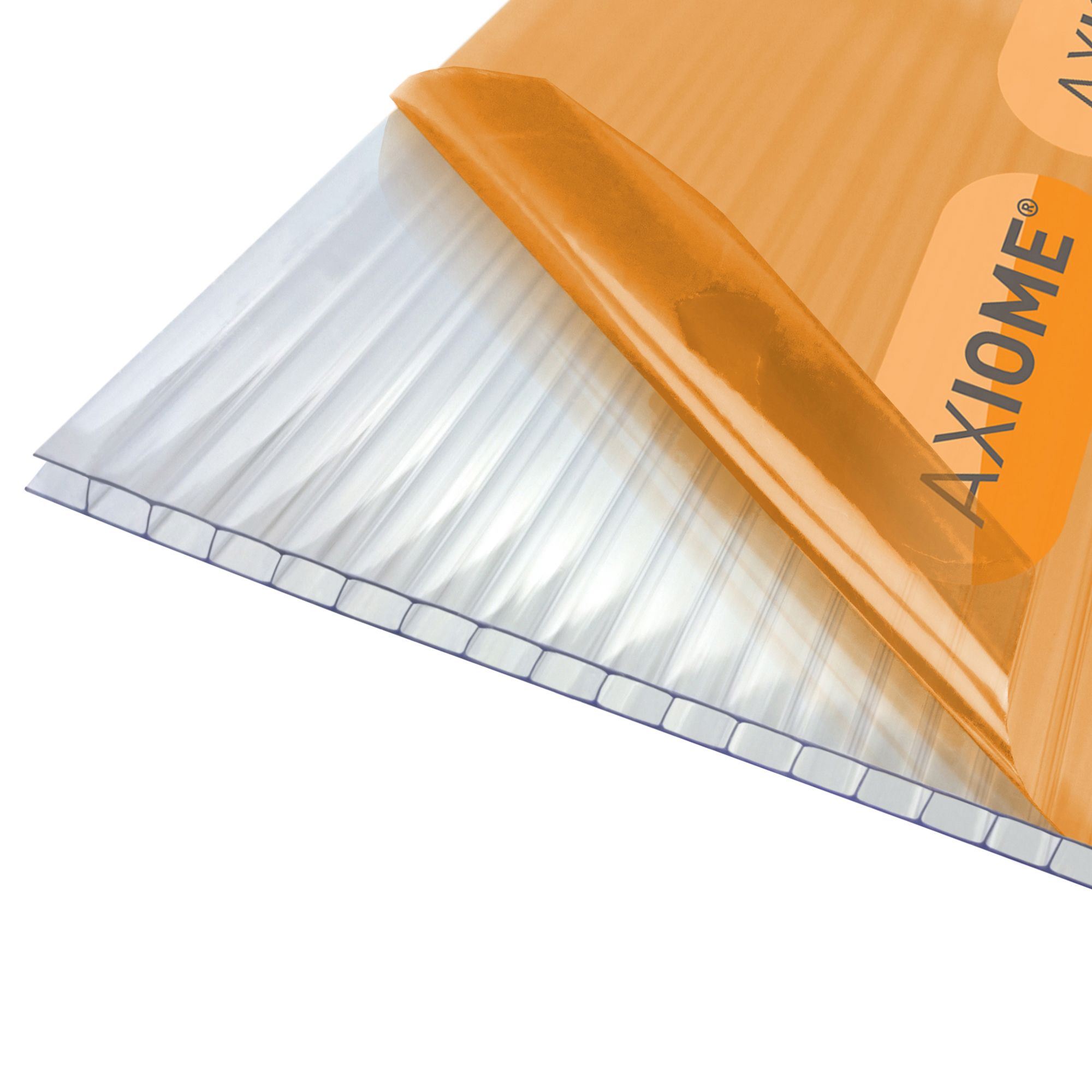 Clear 4mm twinwall polycarbonate sheet with a glossy finish, measuring 1000mm x 1050mm, featuring a ribbed texture and an orange Axiome label.