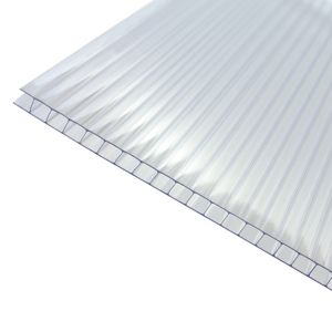 Clear 6mm twinwall polycarbonate roofing sheet with a size of 1000 x 3000mm, featuring a transparent finish and ribbed surface for enhanced light transmission.