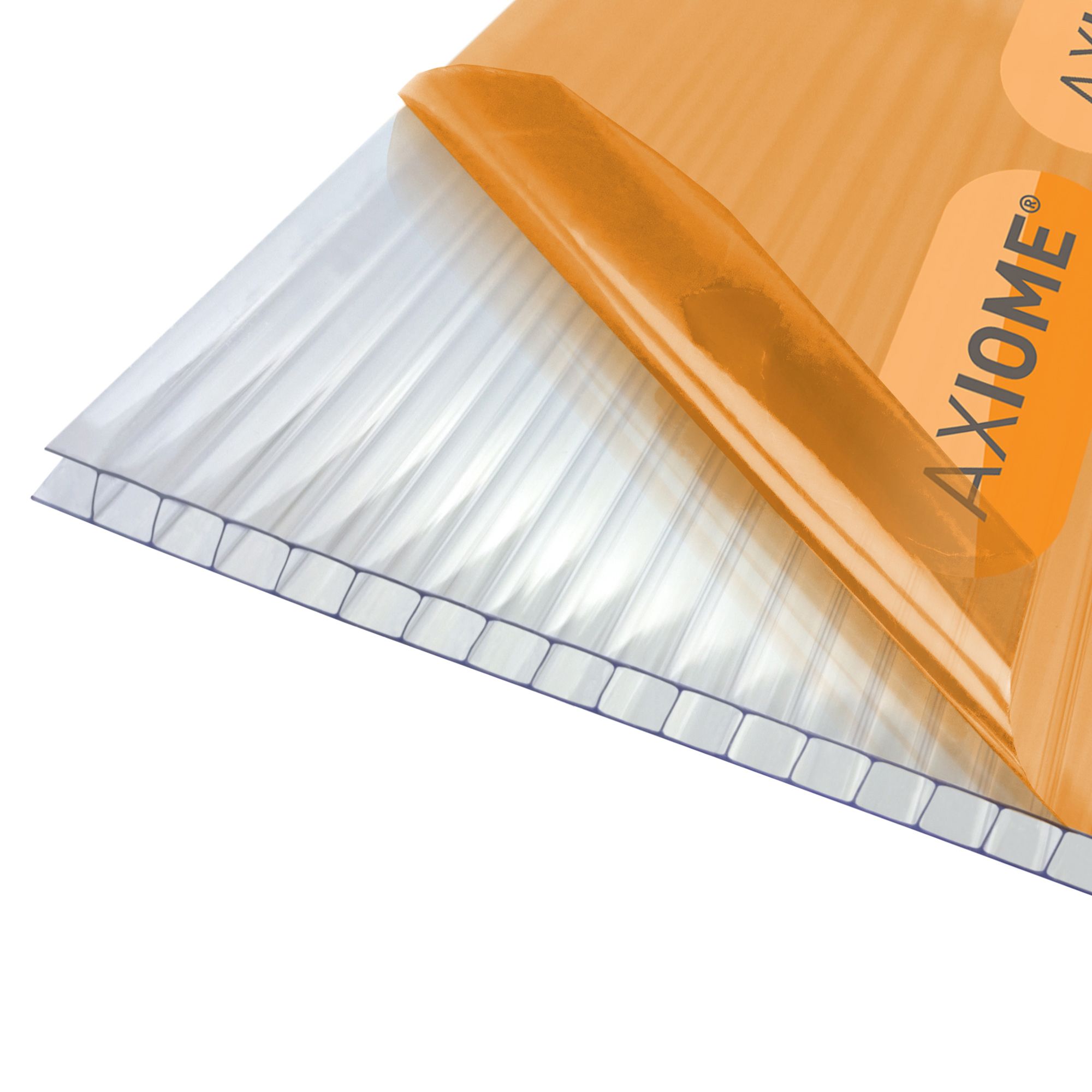Clear 6mm twinwall polycarbonate sheet with a length of 1000mm and width of 690mm, featuring a transparent surface and an orange protective film on one side.