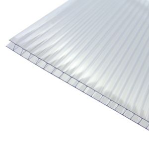 Clear 6mm twinwall polycarbonate roofing sheet with a size of 690 x 4000mm, featuring a translucent design and ribbed texture for durability and light diffusion.