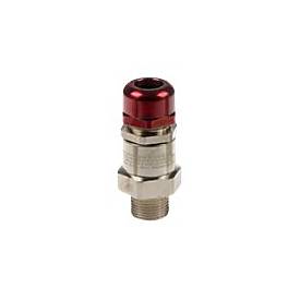 Metallic cable gland with a red top and silver body, featuring threaded ends for secure attachment, designed for electrical cable protection.