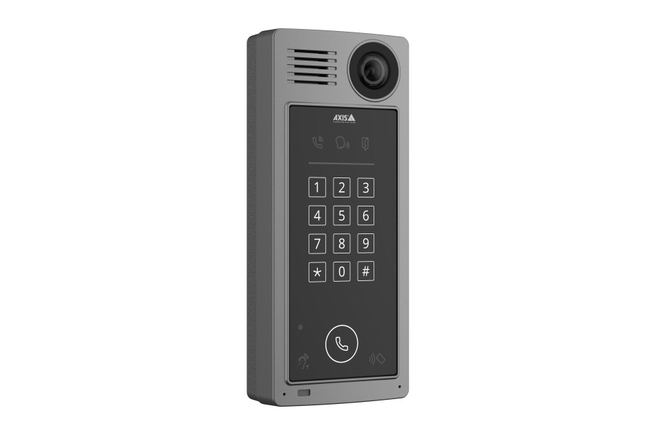 AXIS A8207-VE MkII Network Video Door Station in gray, featuring a keypad with numbers, a call button, and a built-in camera for video communication.