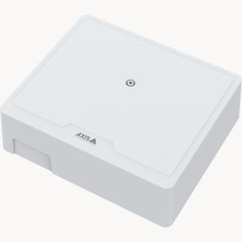 White, rectangular security door controller housing with a smooth surface, featuring a central mounting point and the AXIS logo on the front. Designed for one door.