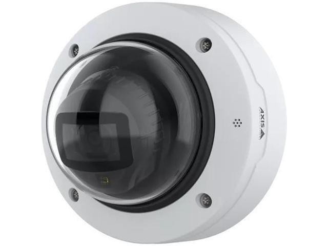 High-performance dome security camera in white with a clear, rounded lens cover and a sleek design, featuring LED indicators and mounting screws.