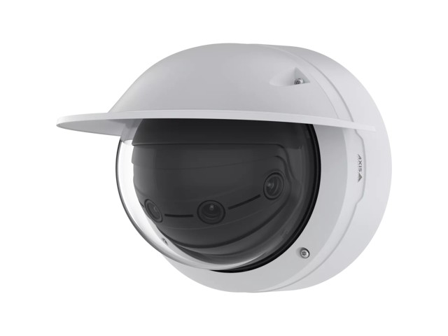 White, dome-shaped IP camera with a black spherical lens, featuring a protective overhang and multiple lenses for 180-degree horizontal and 45-degree vertical coverage.