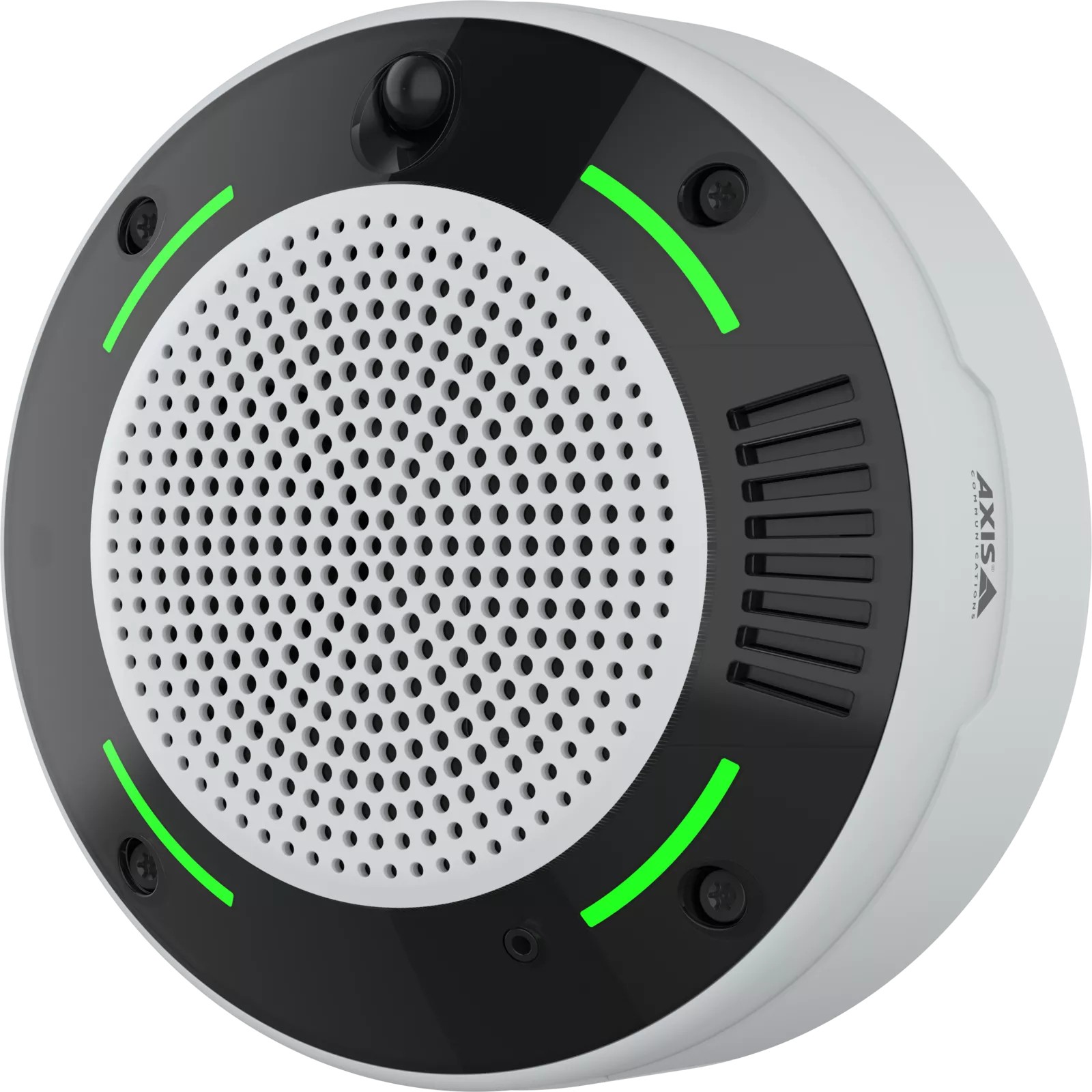 Round, white Axis D6310 Air Quality Meter featuring a perforated front, black accents, and green LED indicators for monitoring air quality.