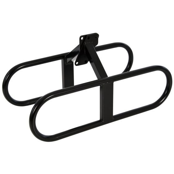 Black metal engine carry stand with a sturdy, tubular design, featuring rounded edges and a central support bracket, designed specifically for Ford engines.