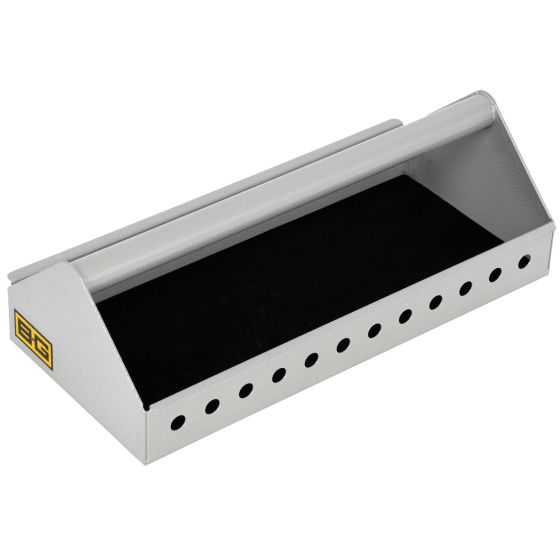 Silver lightweight tool tray with a sleek design, featuring a raised back, black interior, and multiple holes for tool organization, branded with the B-G Racing logo.