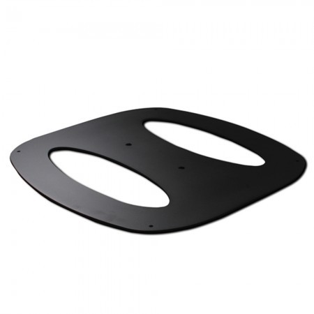 Large black floor base for display stands, made of sturdy material, featuring two oval cutouts for stability and easy mounting.